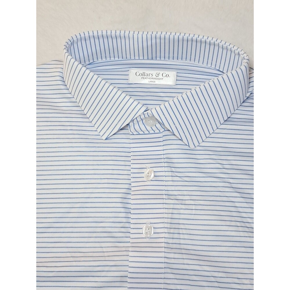 NEW Collars & Co. Featherweight Blue White Stripe Dress Collar Polo Size L